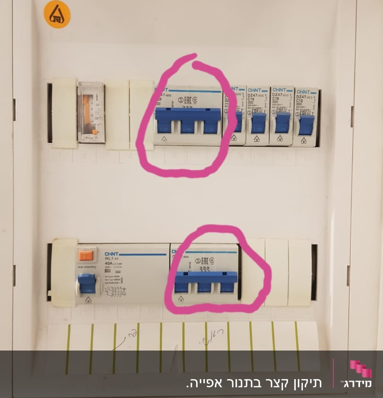 לוח חשמל עם מפסקים כחולים מסומנים בעיגול ורוד